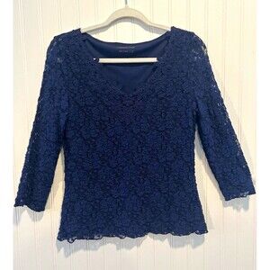 Coldwater Creek Dark Blue Lace Floral Embroidered V-Neck 3/4 Sleeve Blouse Small